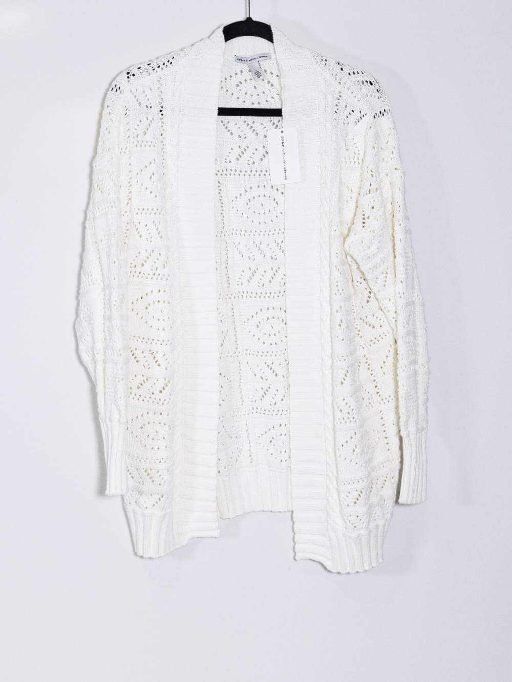 NEW Cotton By Autumn Cashmere Tile Stitch Knit Open Front Cardigan Duster White